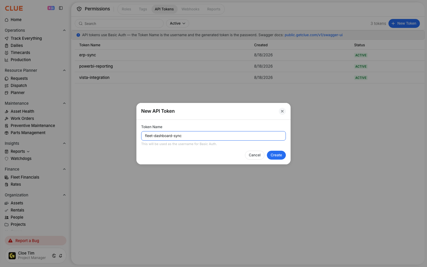 New API Token dialog with a token name that becomes the username for Basic Auth