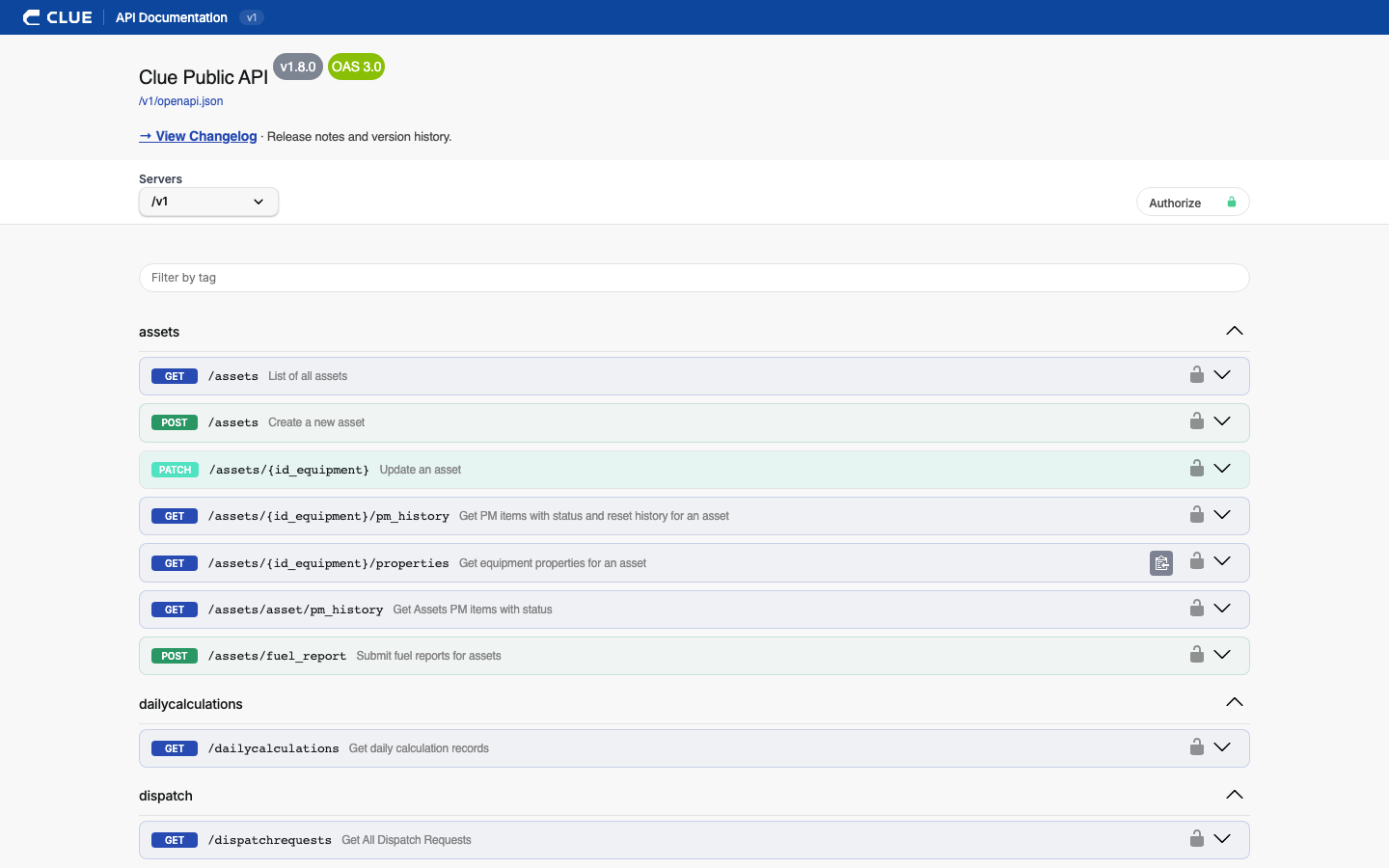 Clue Public API documentation in Swagger UI listing asset endpoints with GET, POST and PATCH methods
