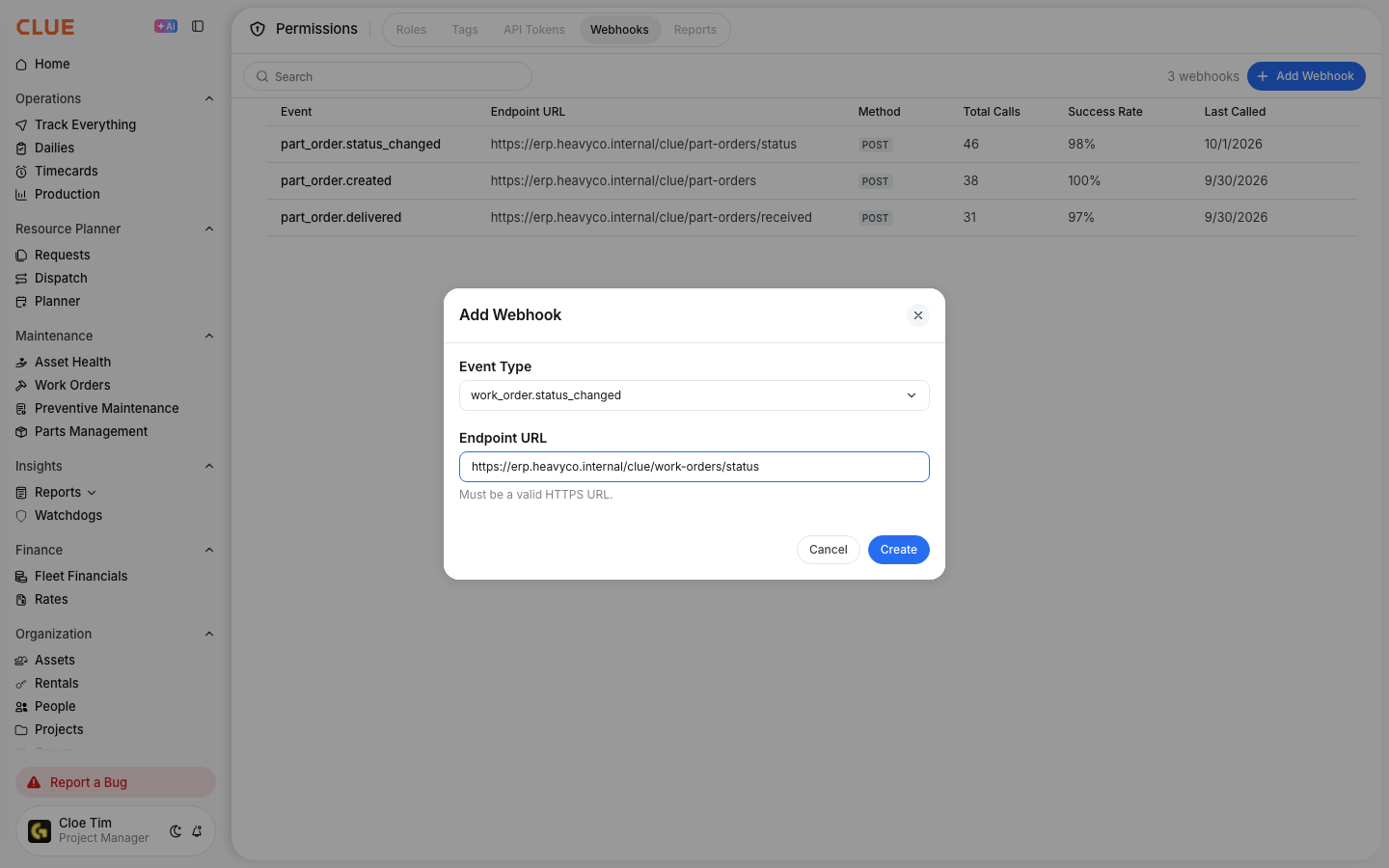 Add Webhook dialog with the work order status changed event and an HTTPS endpoint URL entered