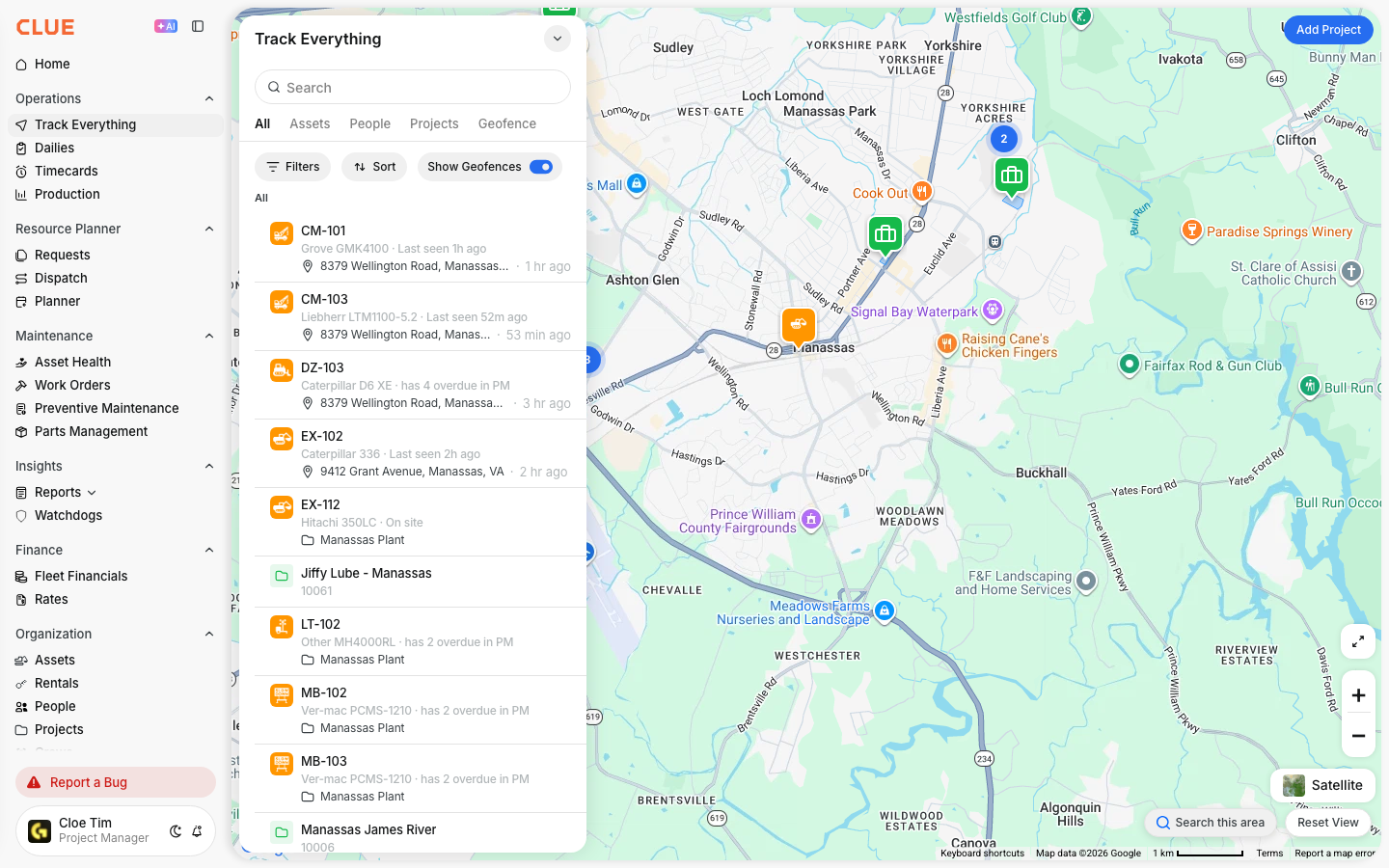 Map refreshed with Search this area showing only the assets around Manassas in the list