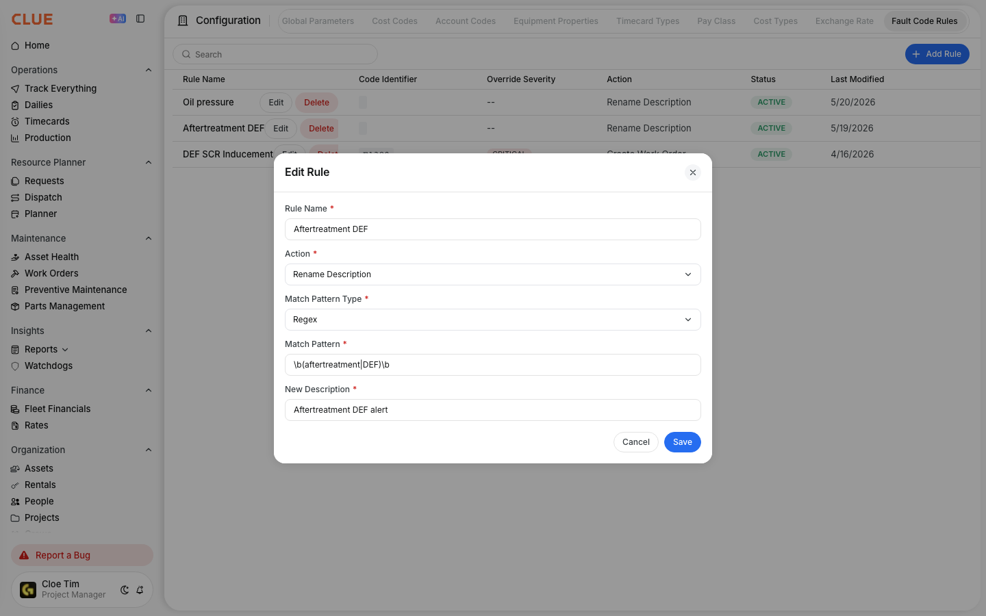 Edit Rule dialog for a Rename Description rule with a regex match pattern and a plain-English new description