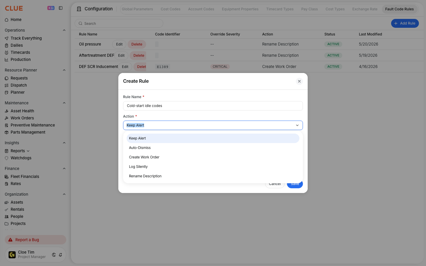 Create Rule dialog with the Action list open: Keep Alert, Auto-Dismiss, Create Work Order, Log Silently and Rename Description