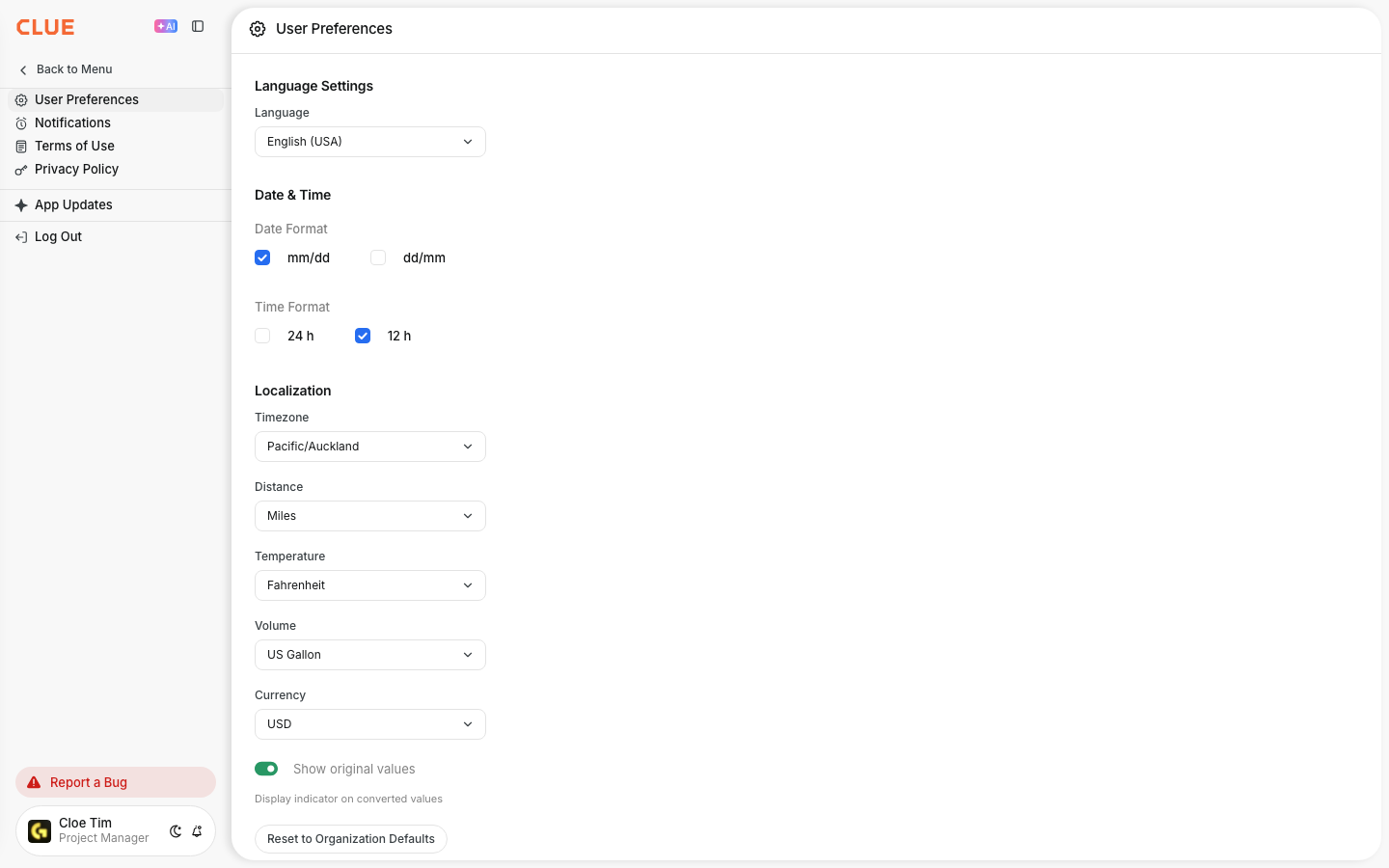 User Preferences page opened from Profile and Settings with language, date and time format, time zone and units