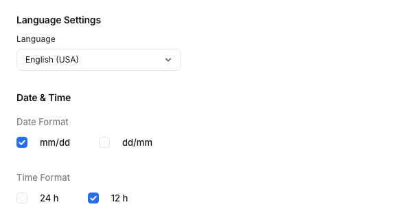 Language set to English (USA), date format mm/dd and a 12 hour time format in User Preferences