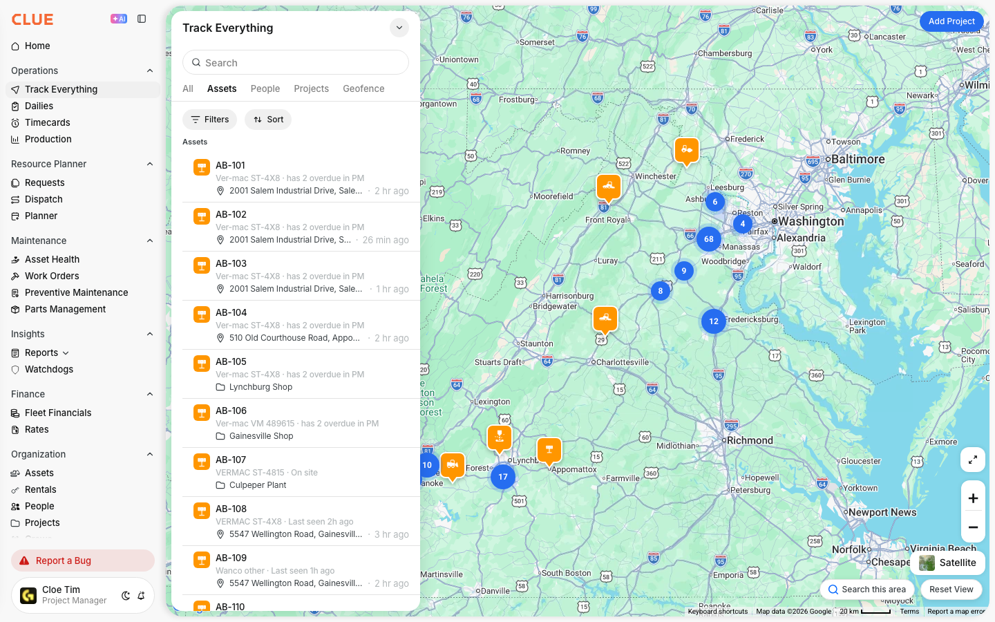 Numbered asset clusters on the Track Everything map grouping nearby equipment by job site