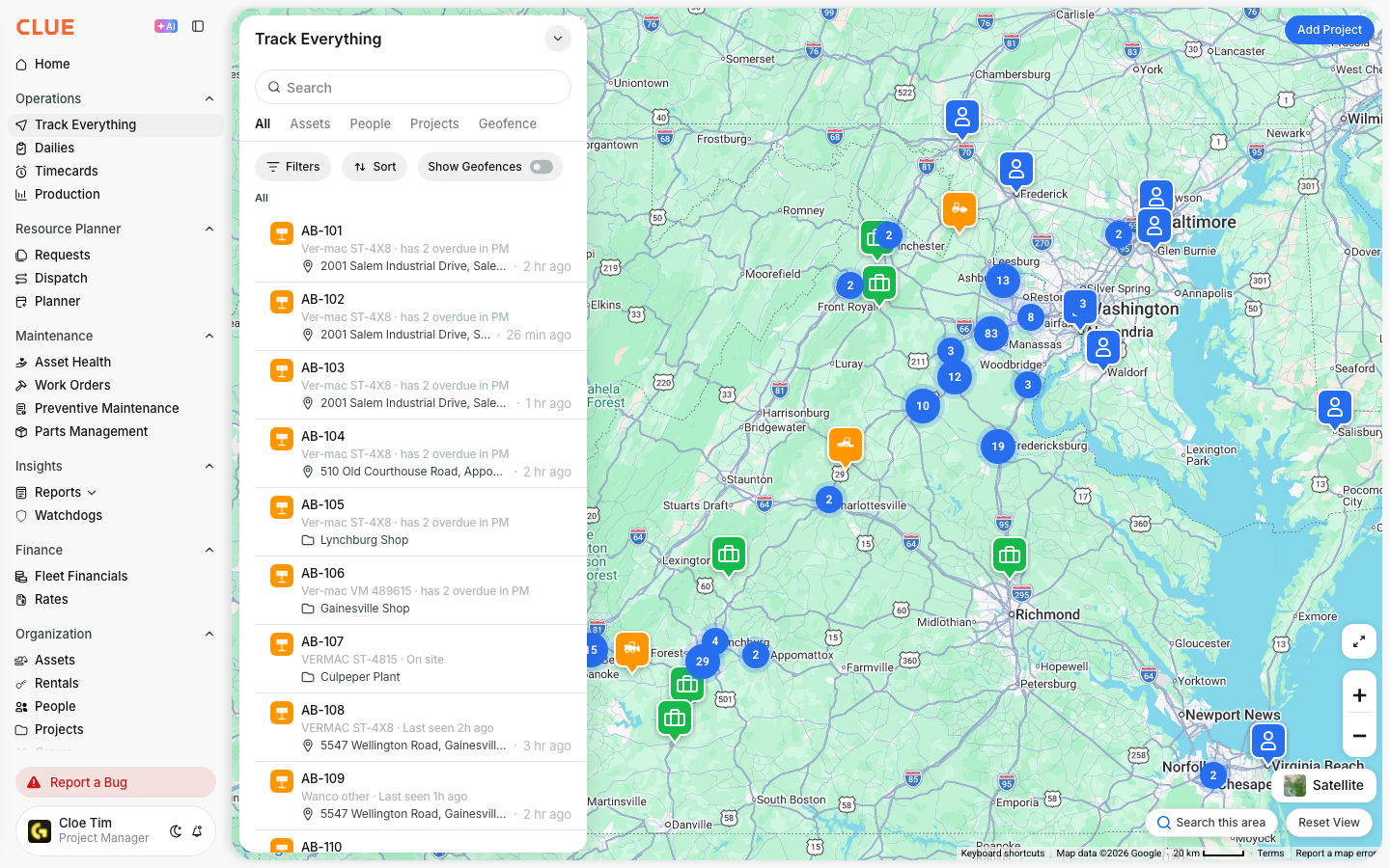 Full fleet view of Track Everything with all tracked assets and the Reset View button