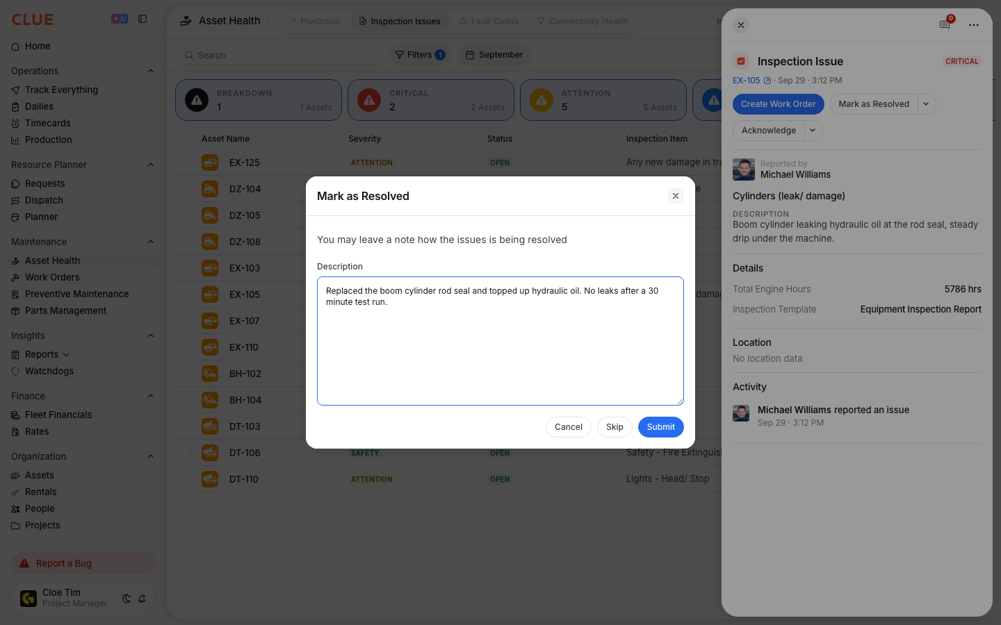 Mark as Resolved dialog with a note explaining the repair that closed the issue