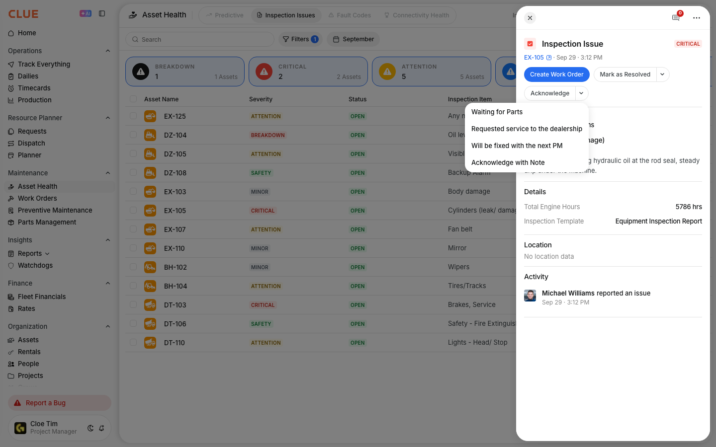 Acknowledge menu on an inspection issue with quick notes such as waiting for parts