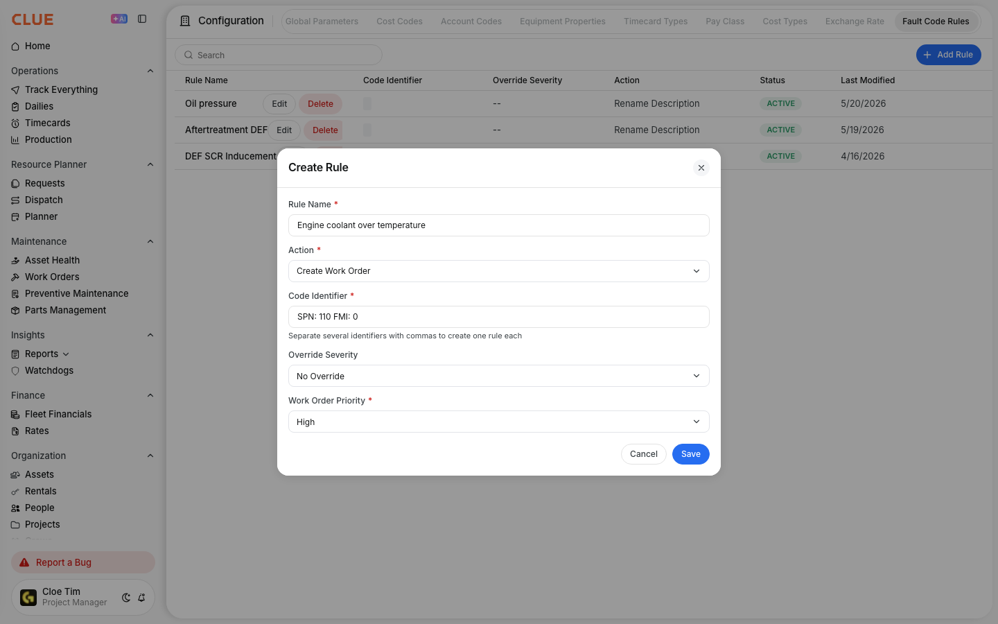 Create Rule dialog set to create a high priority work order for an engine coolant fault code