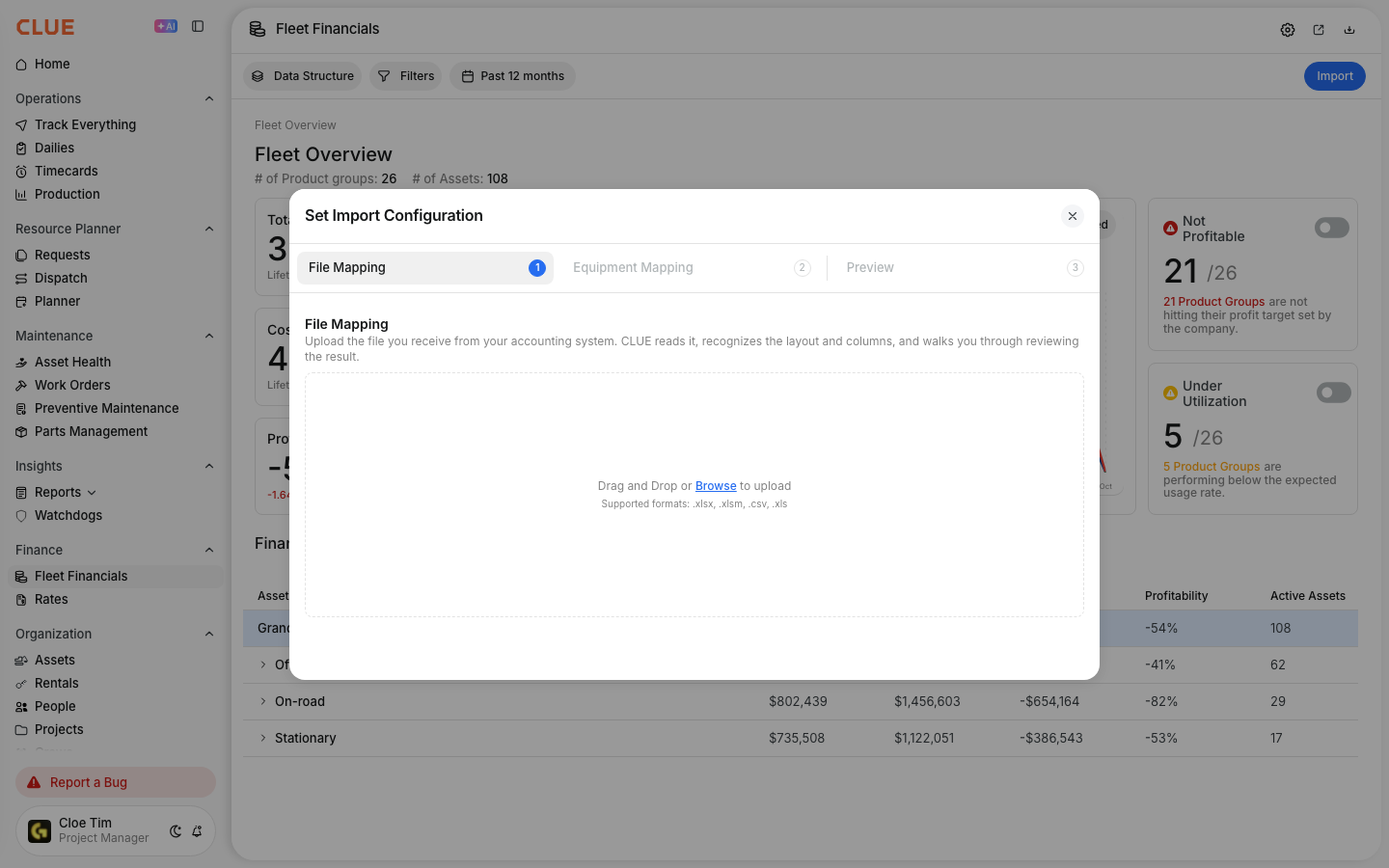 Set Import Configuration window for uploading an accounting file, with file mapping, equipment mapping and preview steps