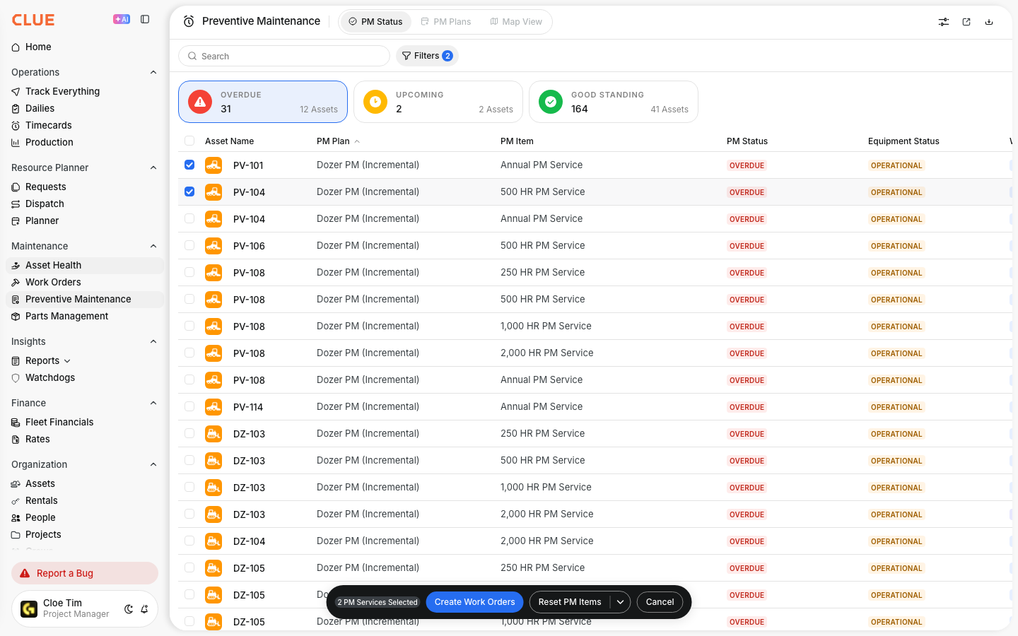 Two overdue PM services selected with the Create Work Orders and Reset PM Items actions shown