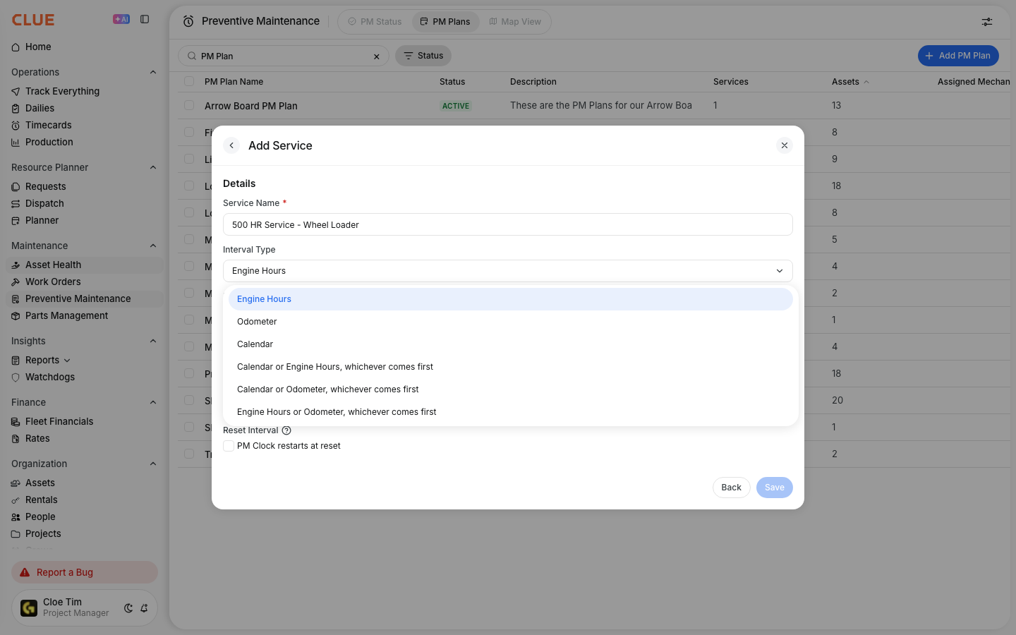 Interval Type options in the Add Service form including engine hours, odometer, calendar and whichever comes first