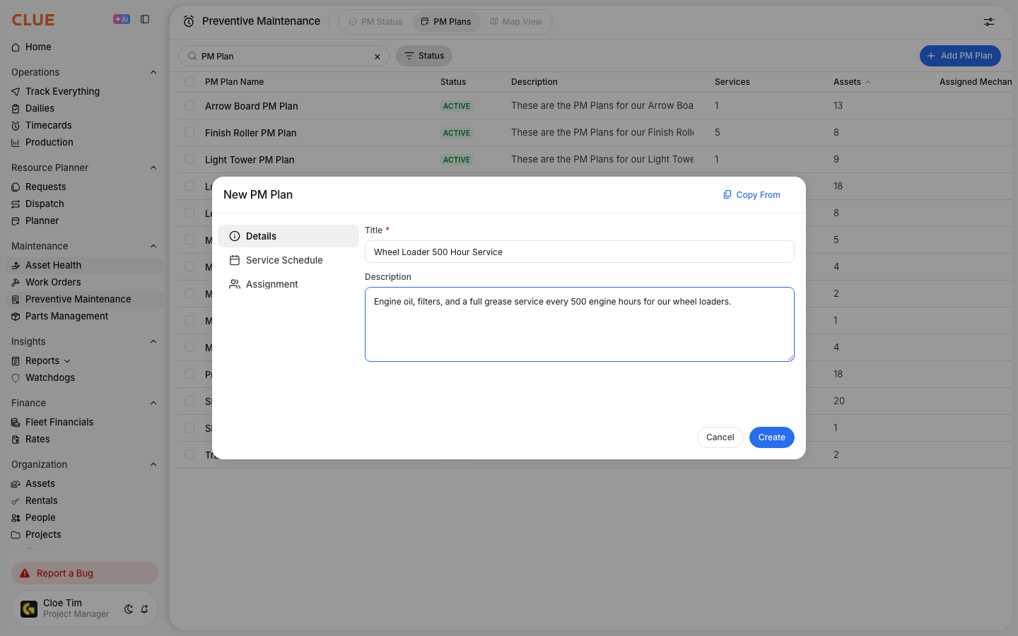 New PM Plan form with a title and description for a wheel loader 500 hour service
