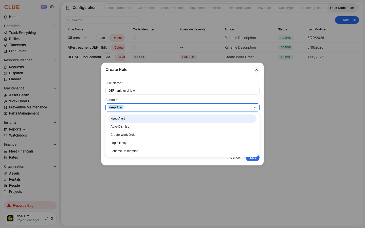 Rule action options including Keep Alert, Auto-Dismiss, Create Work Order, Log Silently and Rename Description