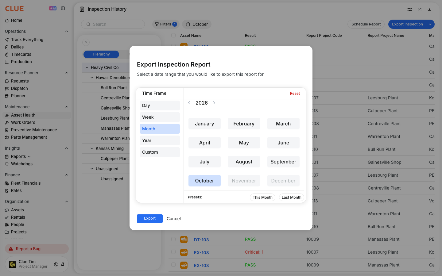 Export modal with the Month time frame selected and October 2026 highlighted