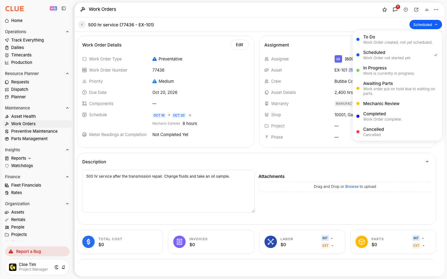 Status menu on a PM work order with To Do, Scheduled, In Progress, Awaiting Parts, Completed and Cancelled