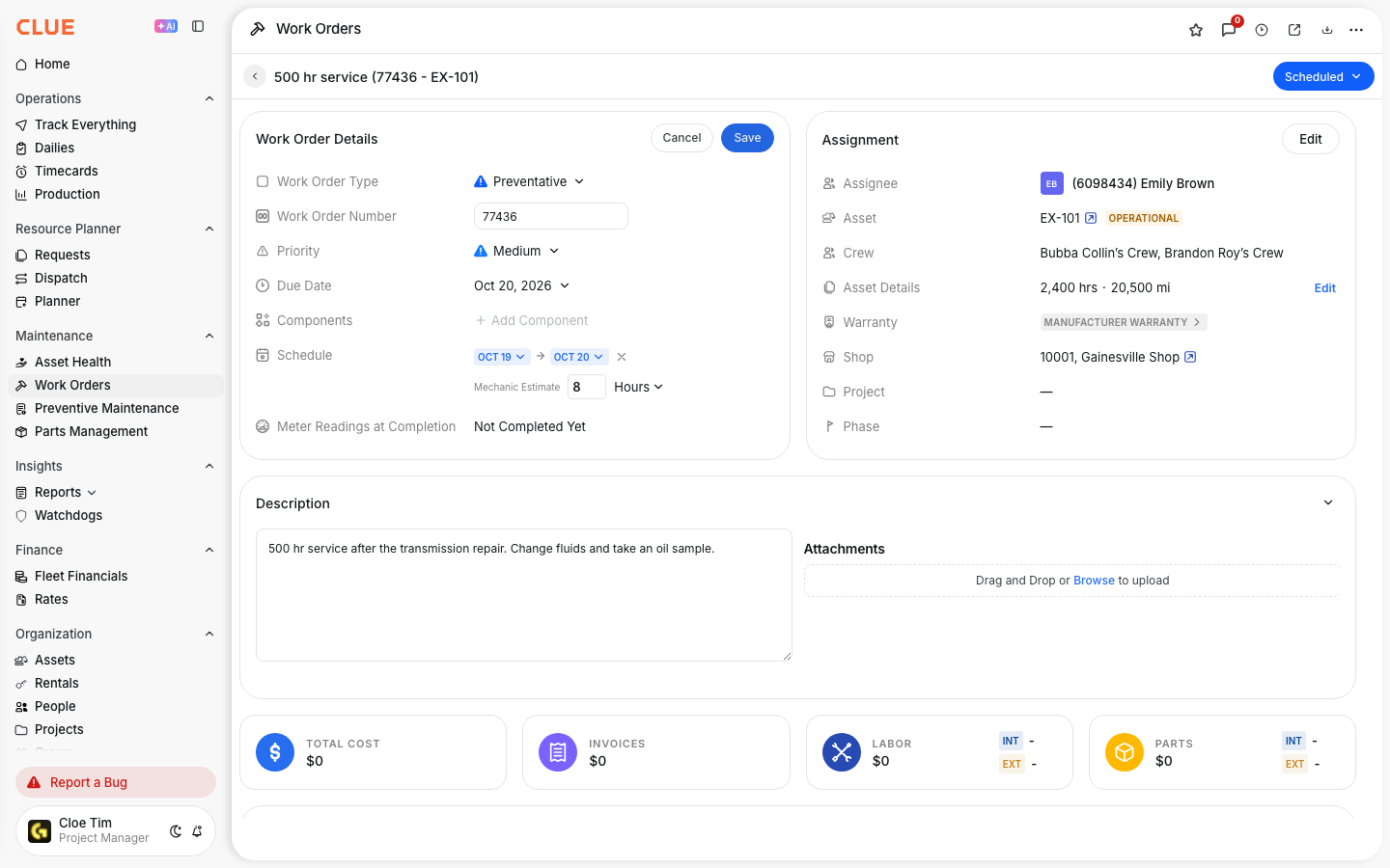 PM work order in edit mode with Schedule start and end dates and an 8 hour mechanic estimate