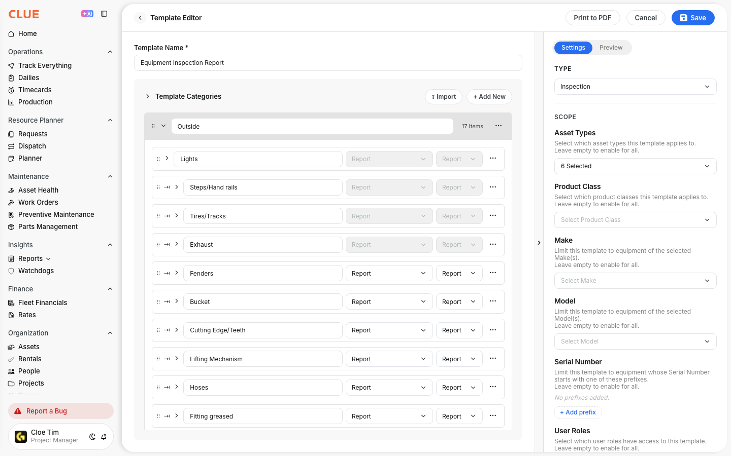 Outside category expanded in the Template Editor showing checklist items and their response types