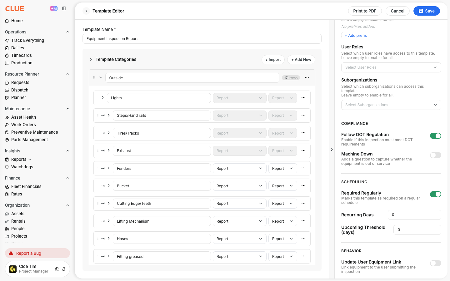 Template settings panel with scope, compliance and scheduling options for the Equipment Inspection Report