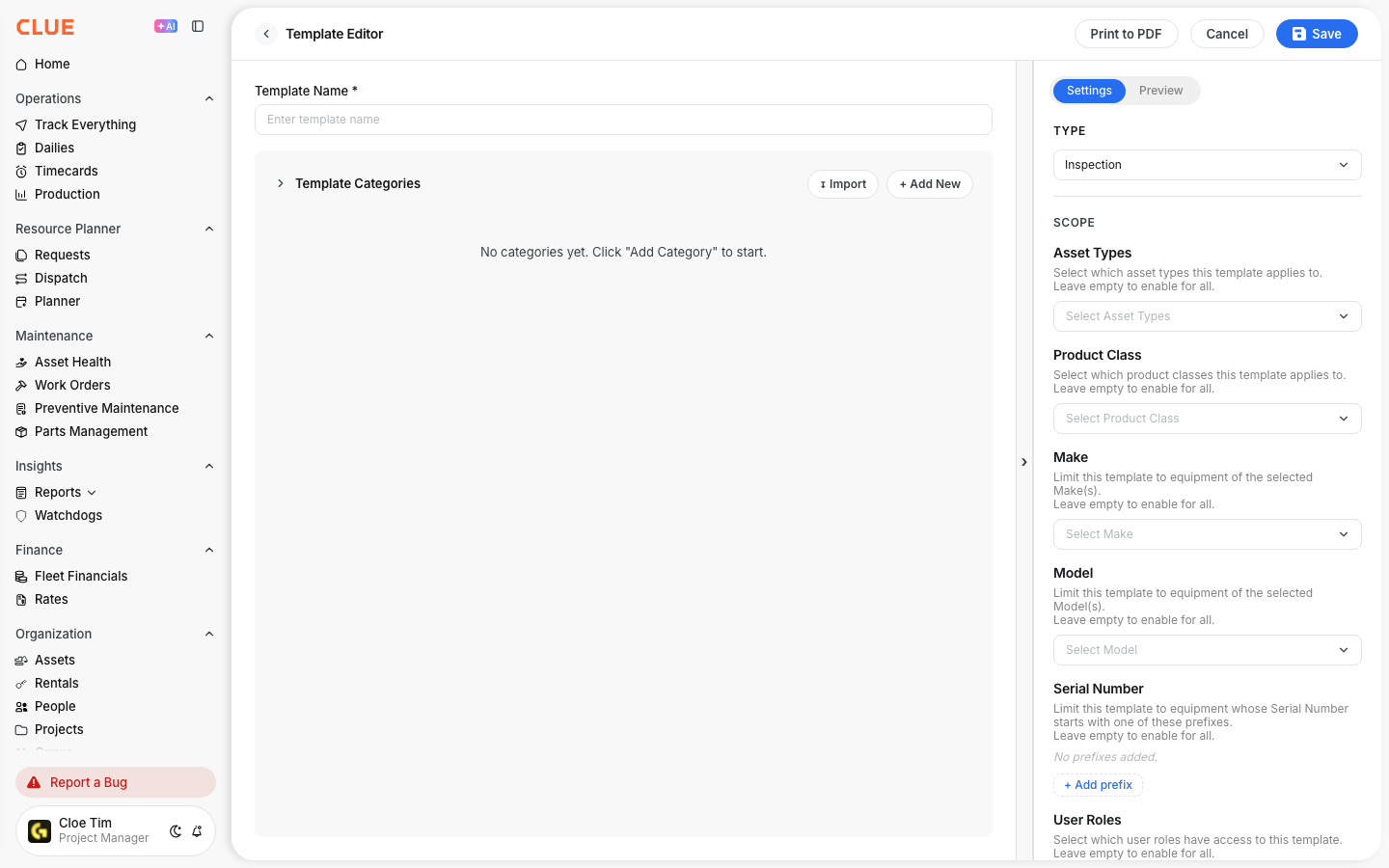 Blank Template Editor opened from New Template with name, categories, Import and Add New
