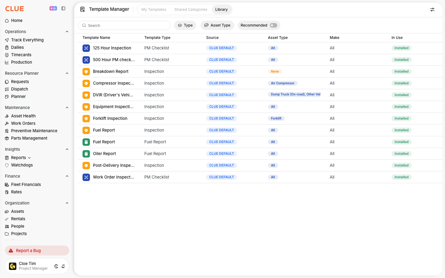 Template Library with the Recommended toggle off and the In Use column showing installed templates