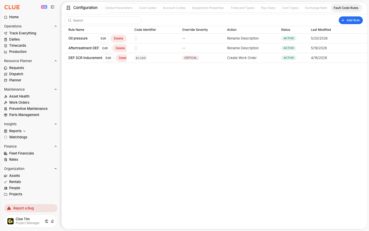 Fault Code Rules tab under Configuration listing three active rules with code identifier, severity override and action