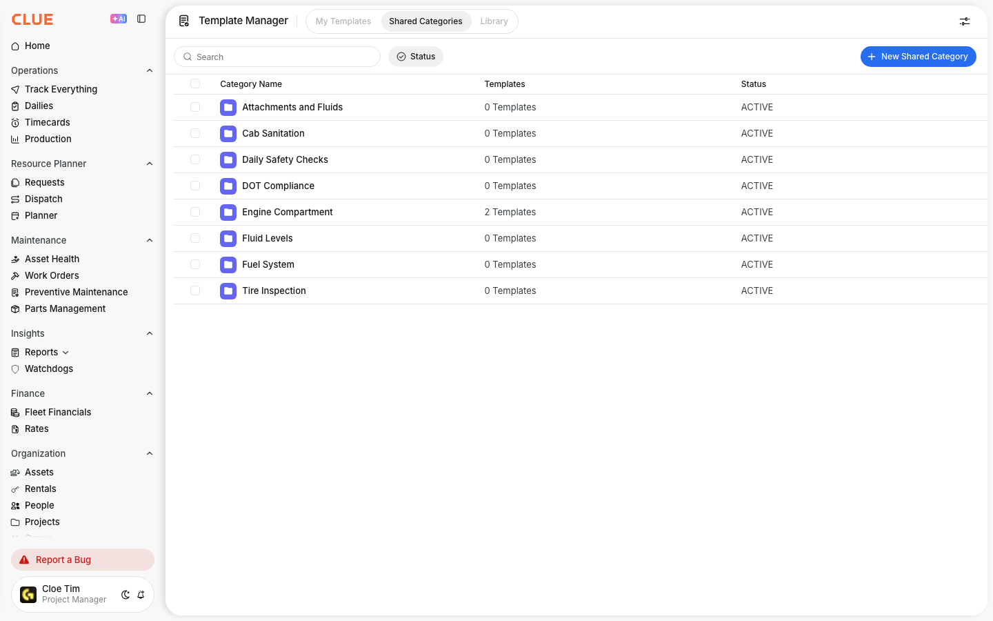 Shared Categories tab listing reusable categories with template counts and status