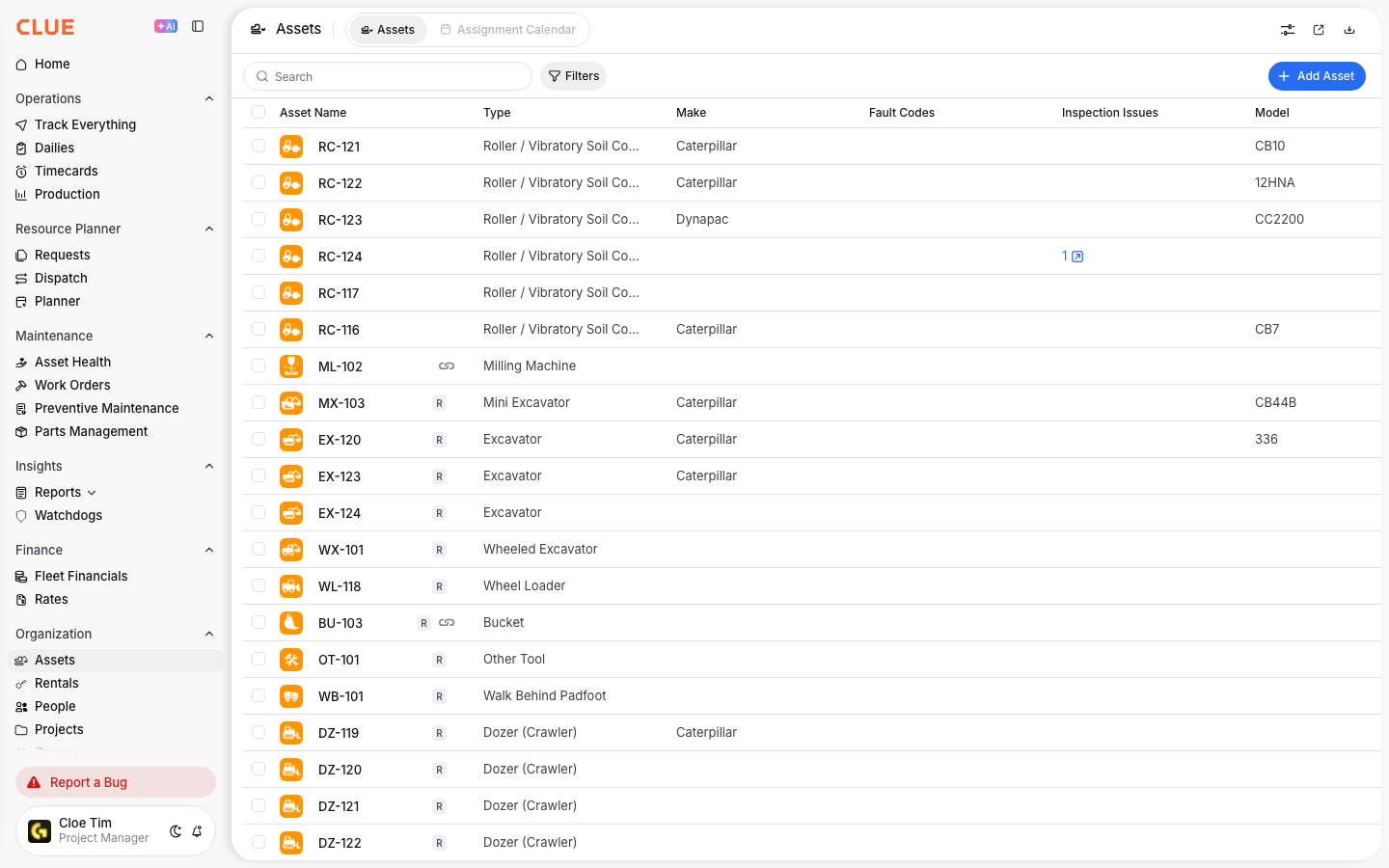 Assets list in the Organization menu with the blue Add Asset button in the top-right corner