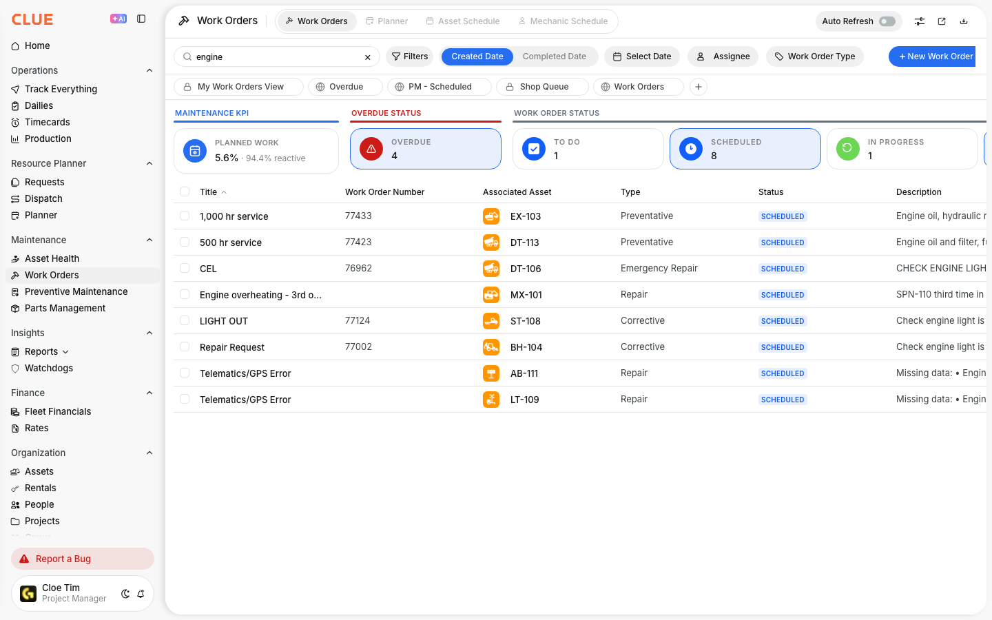 Work Orders list filtered by searching engine, with filter chips for date, assignee and work order type