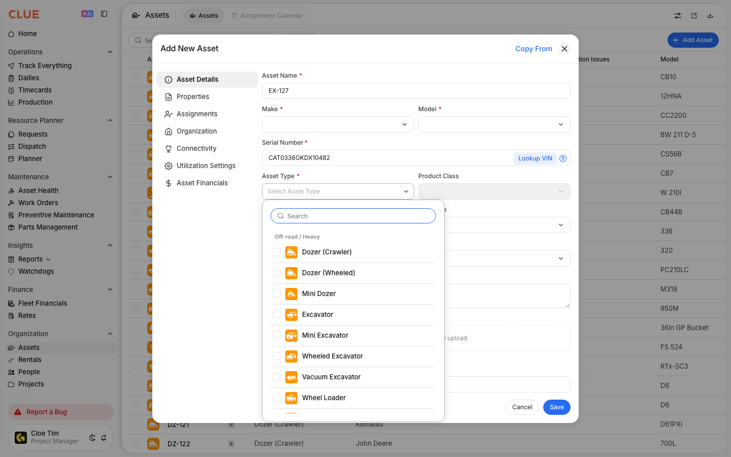 Choosing an asset type from the grouped list while adding a new asset