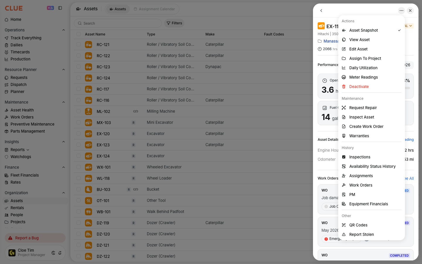 Three-dot menu on the asset with Assignments listed under History