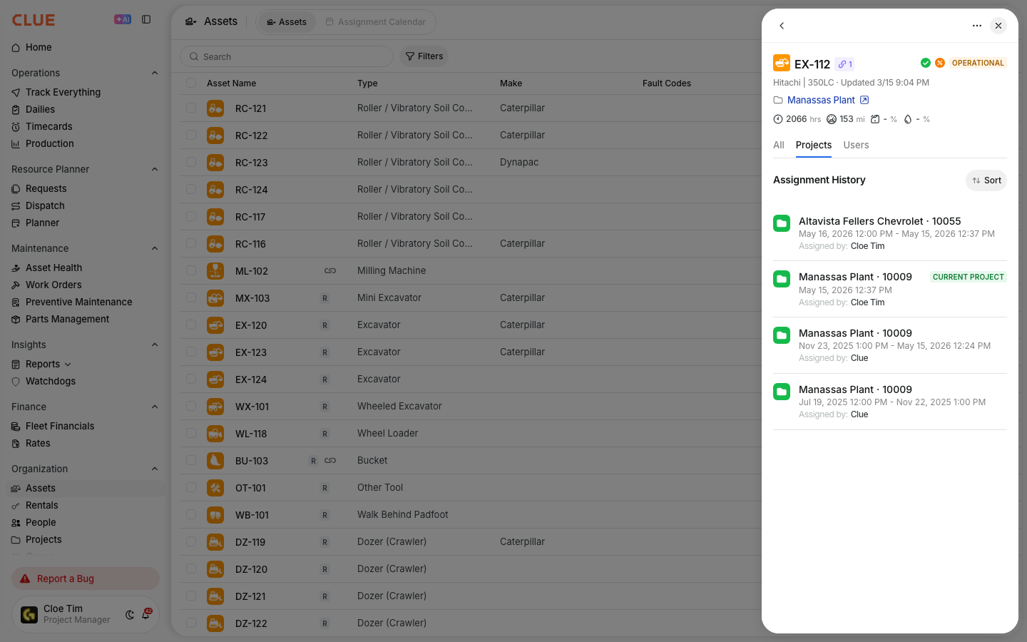 Projects tab of Assignment History with project names, dates, who assigned them and the current project badge