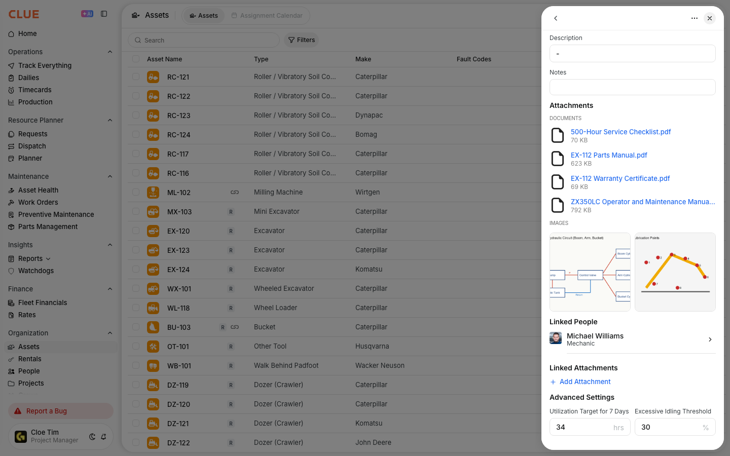Advanced Settings on the asset profile showing the utilization target for 7 days and the idling threshold