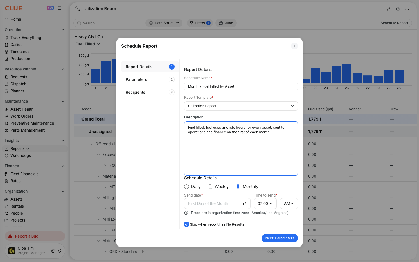 Schedule Report dialog setting up a monthly fuel filled report with a name, description and send time