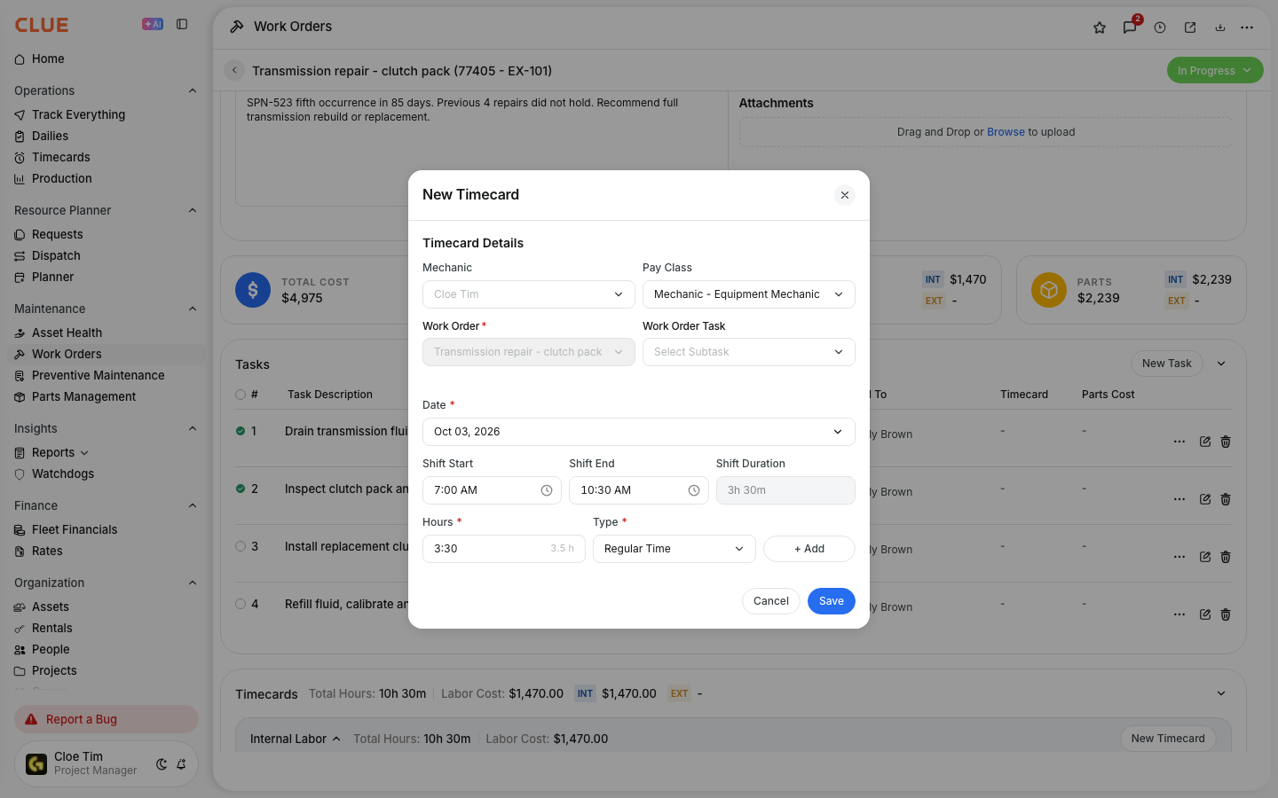 New Timecard started from a work order with shift start, shift end and hours filled in