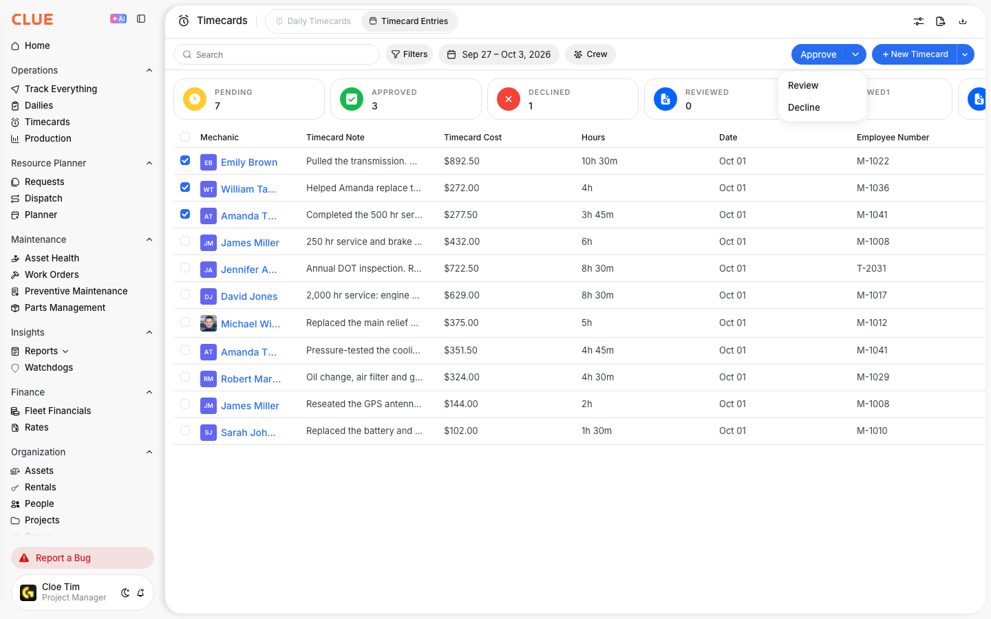 Timecard entries selected with the Approve button and Review and Decline options