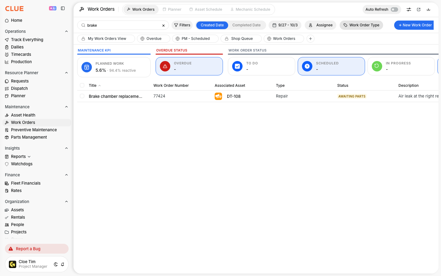 Work Orders list filtered by searching for brake, showing the matching brake chamber job