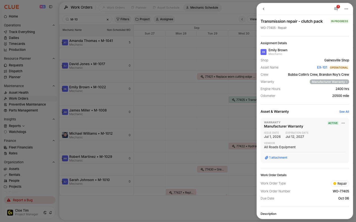 Work order quick view opened from the schedule with assignment, warranty and work order details