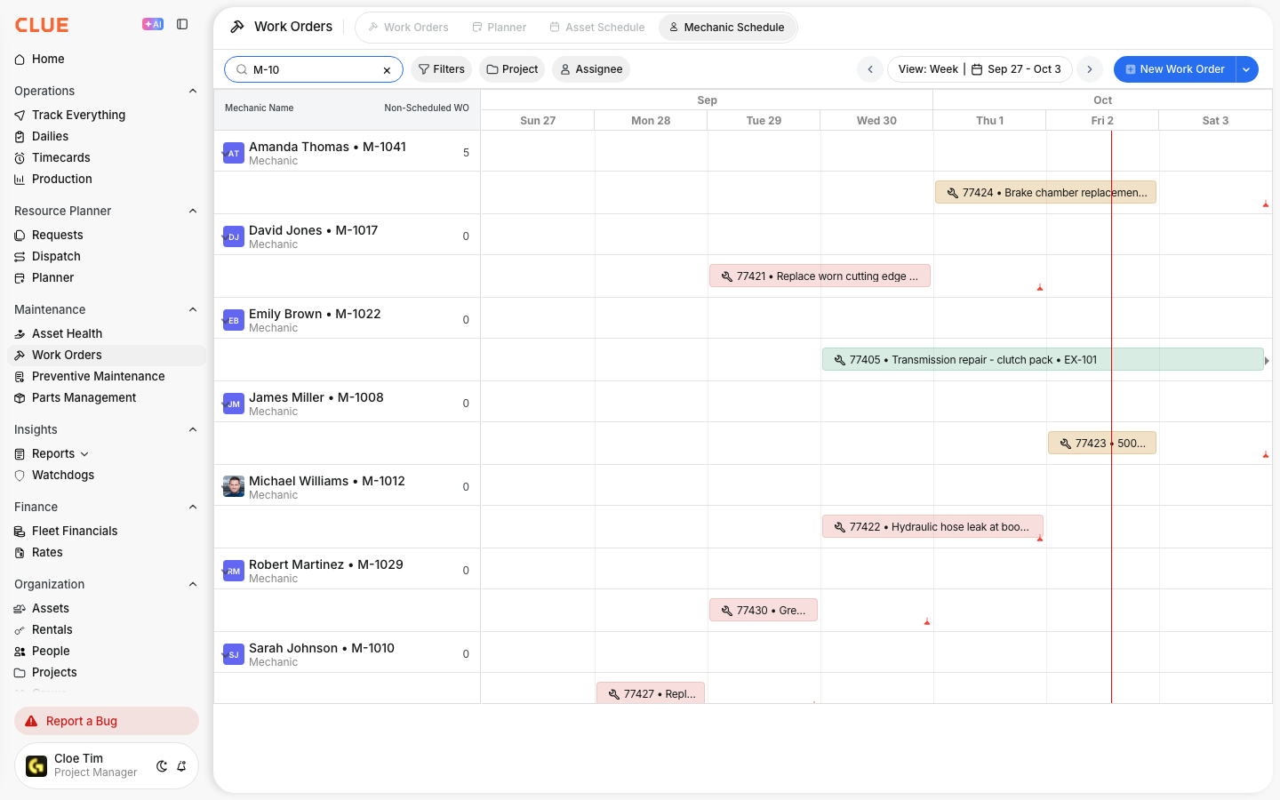 Mechanic Schedule tab with each mechanic's work orders laid out across the week