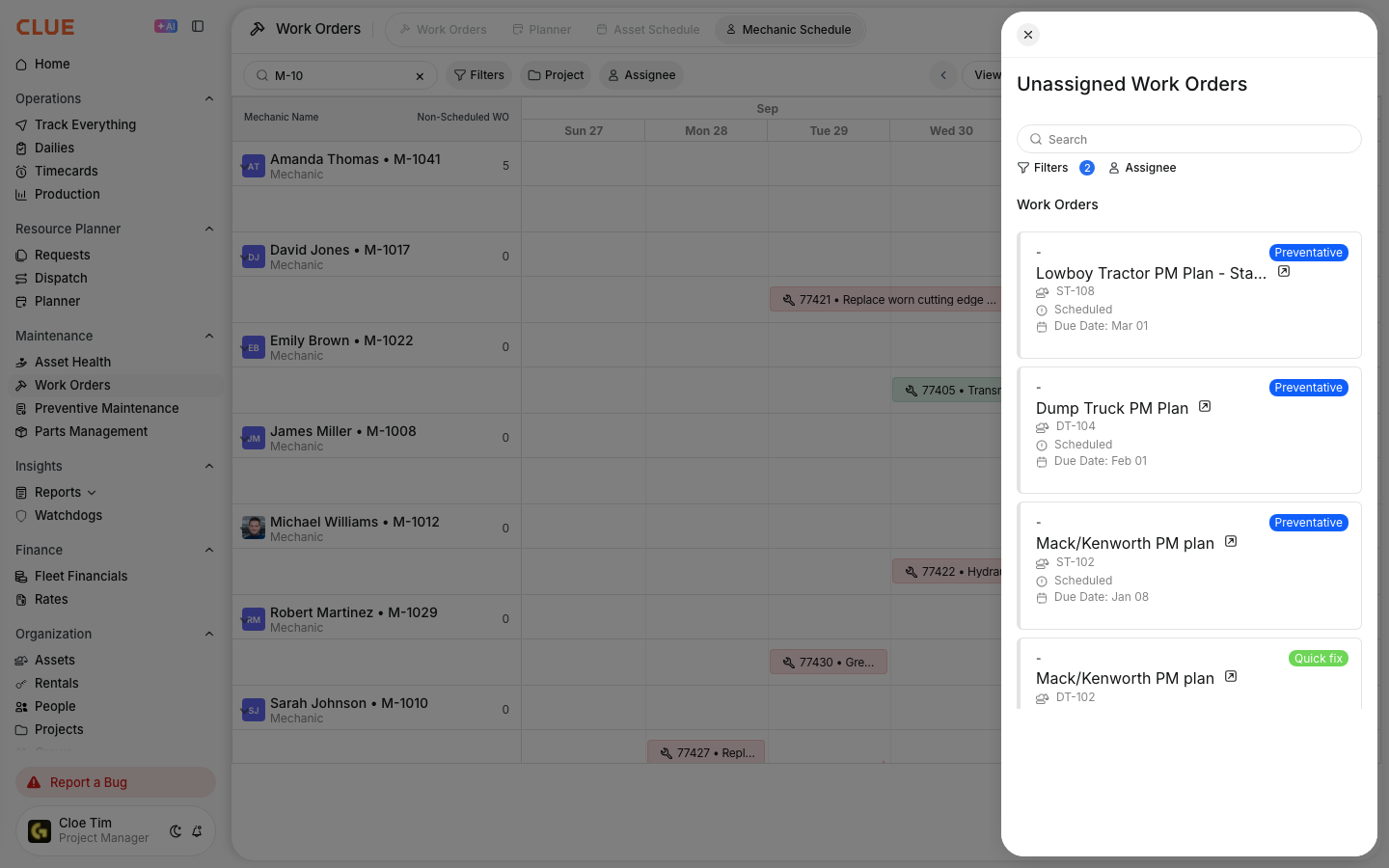 Unassigned Work Orders panel listing jobs that still need a mechanic