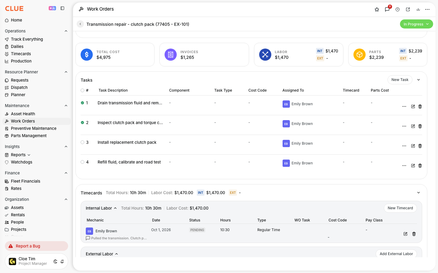 Work order tasks with the first two marked complete and labor logged below
