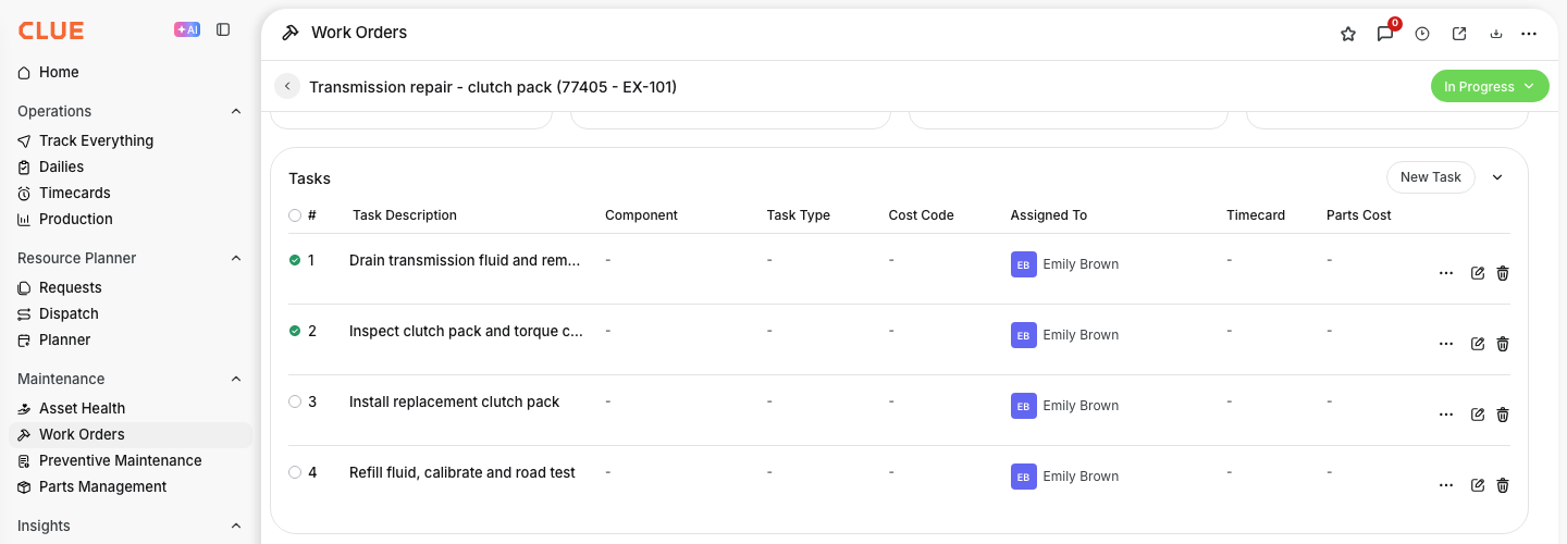 Tasks section of a work order with four numbered tasks assigned to a mechanic