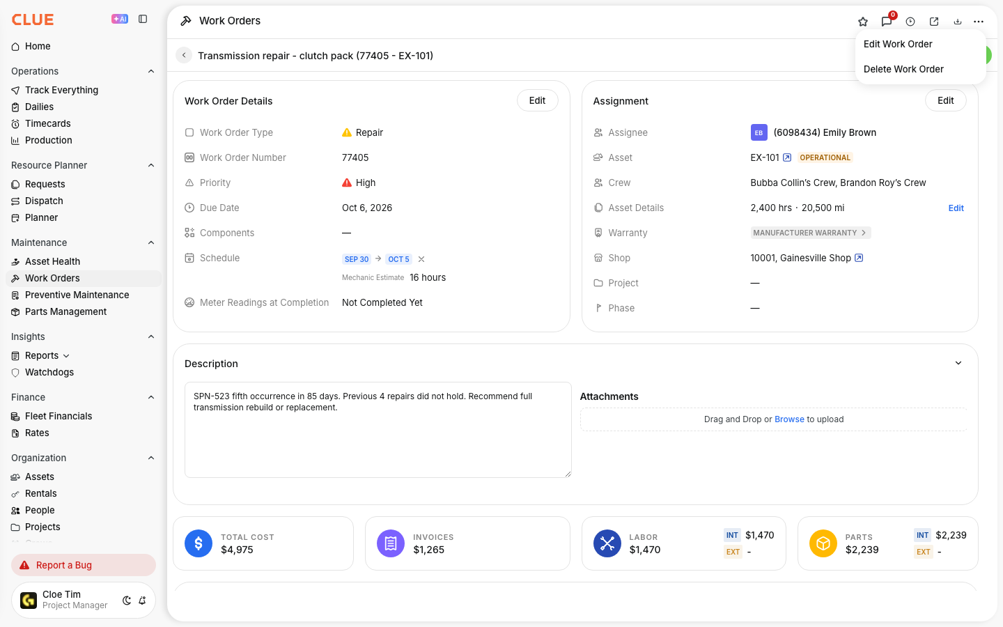 Work order more actions menu open with Edit Work Order and Delete Work Order