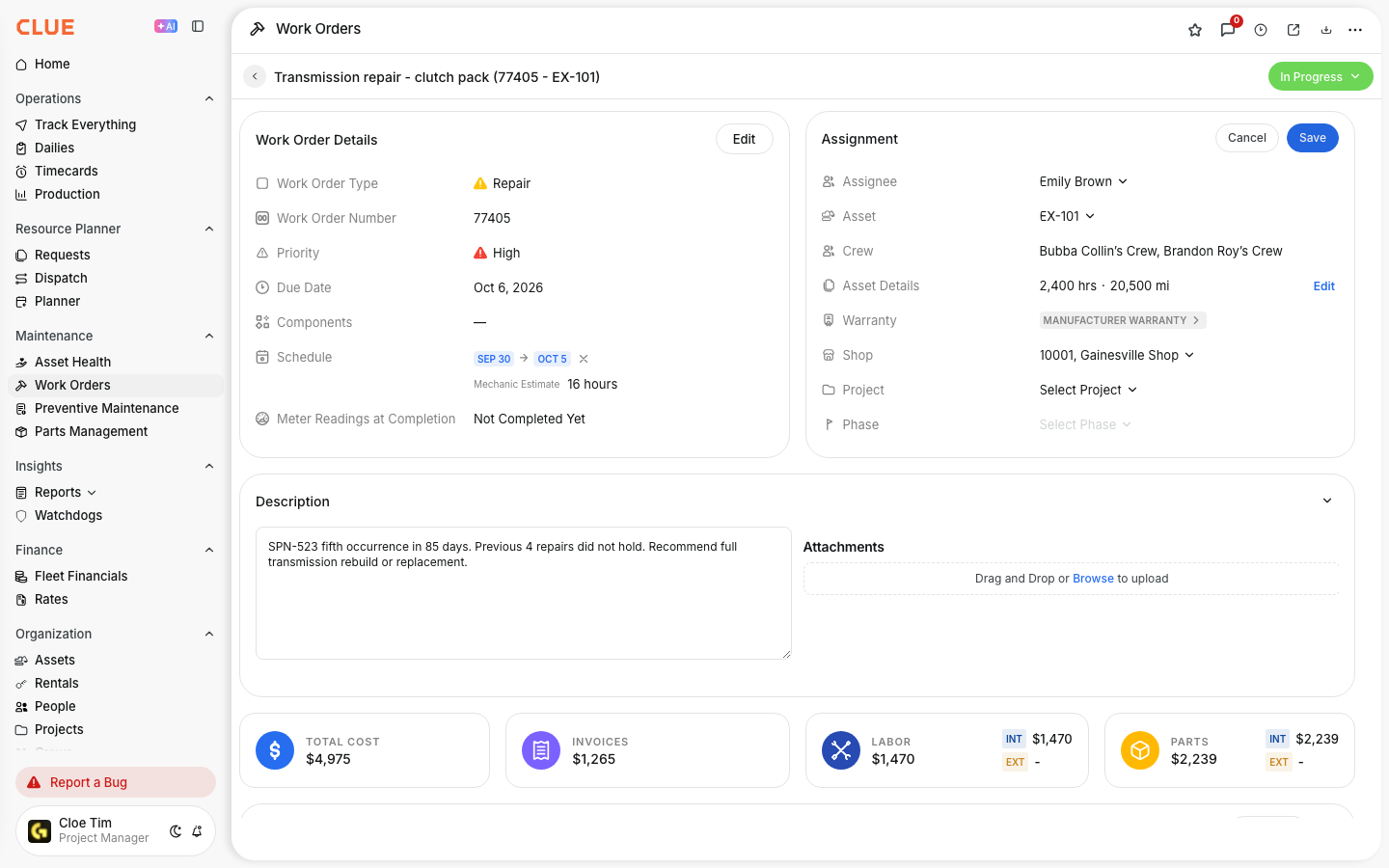 Assignment section in edit mode with assignee, asset, shop, project and phase fields