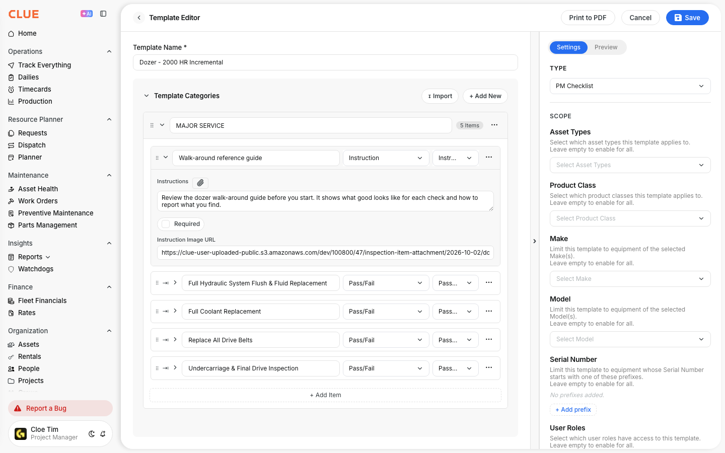 Template Editor showing an Instruction item with instruction text and the attached PDF link