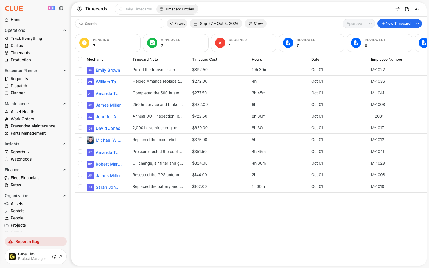 Work order timecards list with each mechanic's timecard note, cost, hours and approval status cards