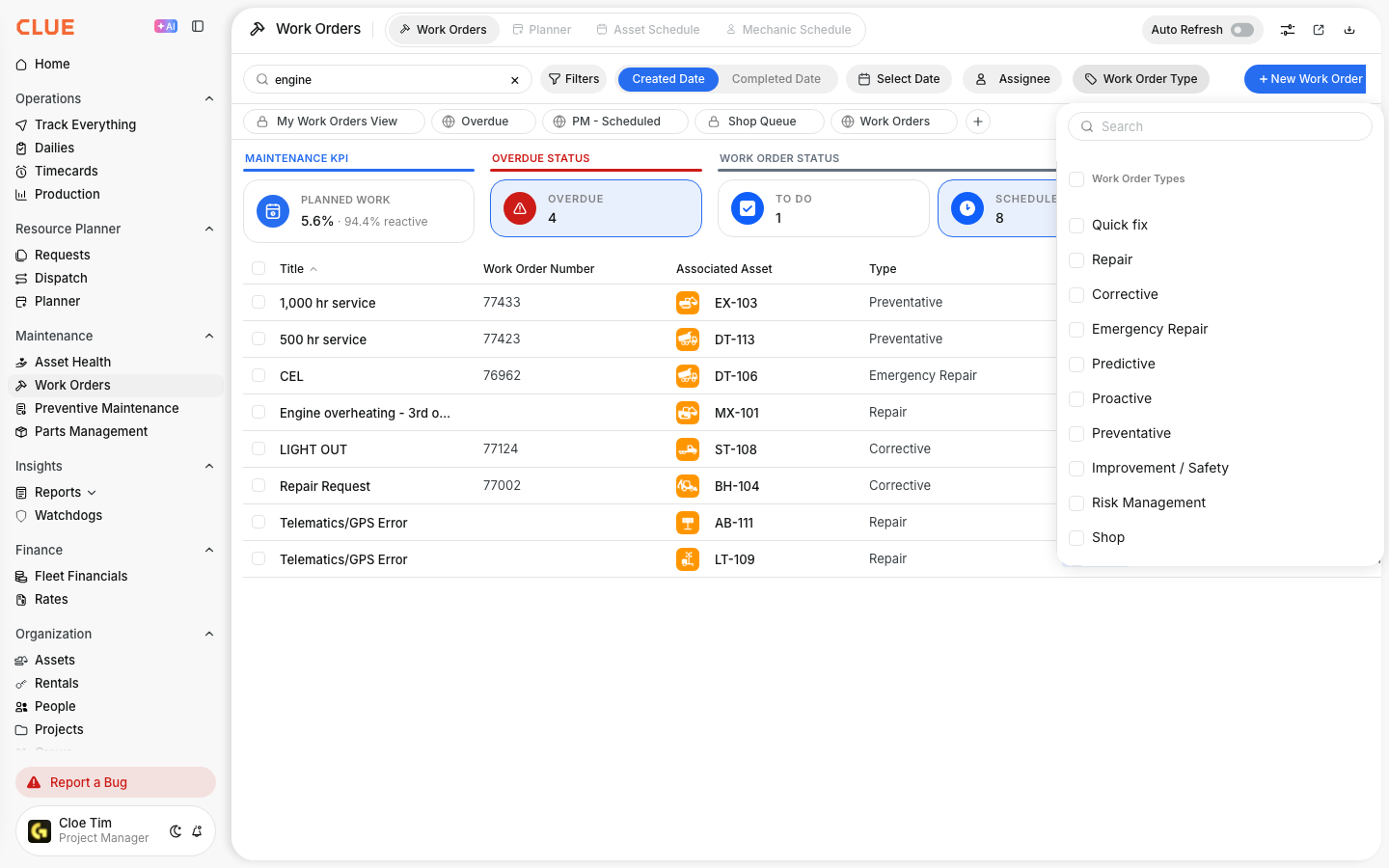 Work Order Type filter chip open on the Work Orders list to narrow results by type