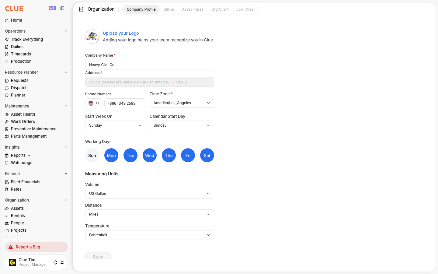 Company Profile settings with company name, address, phone, time zone and measuring units