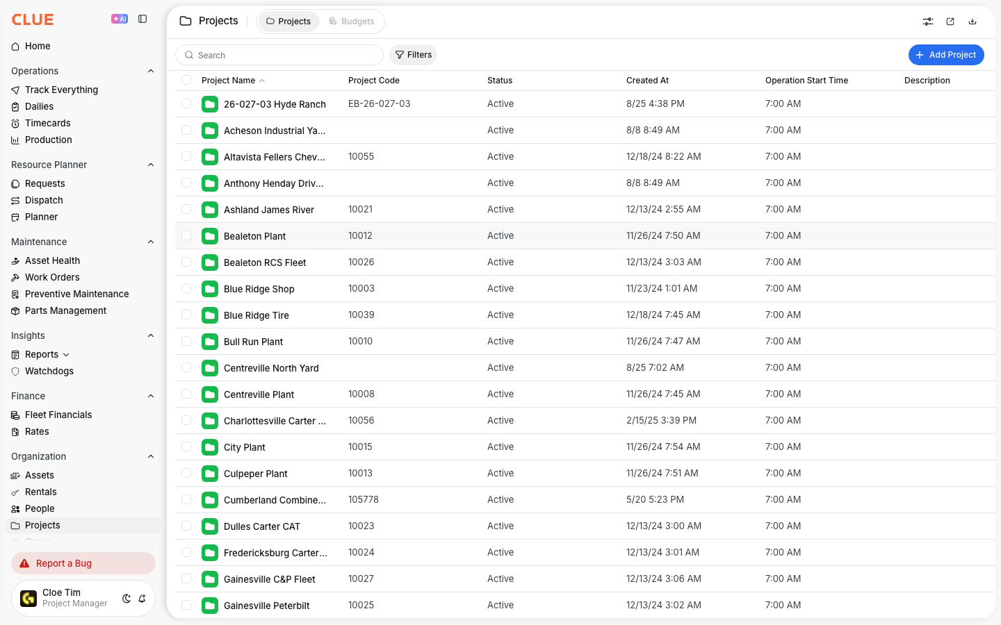 Projects directory with project names, project codes, status and operation start time
