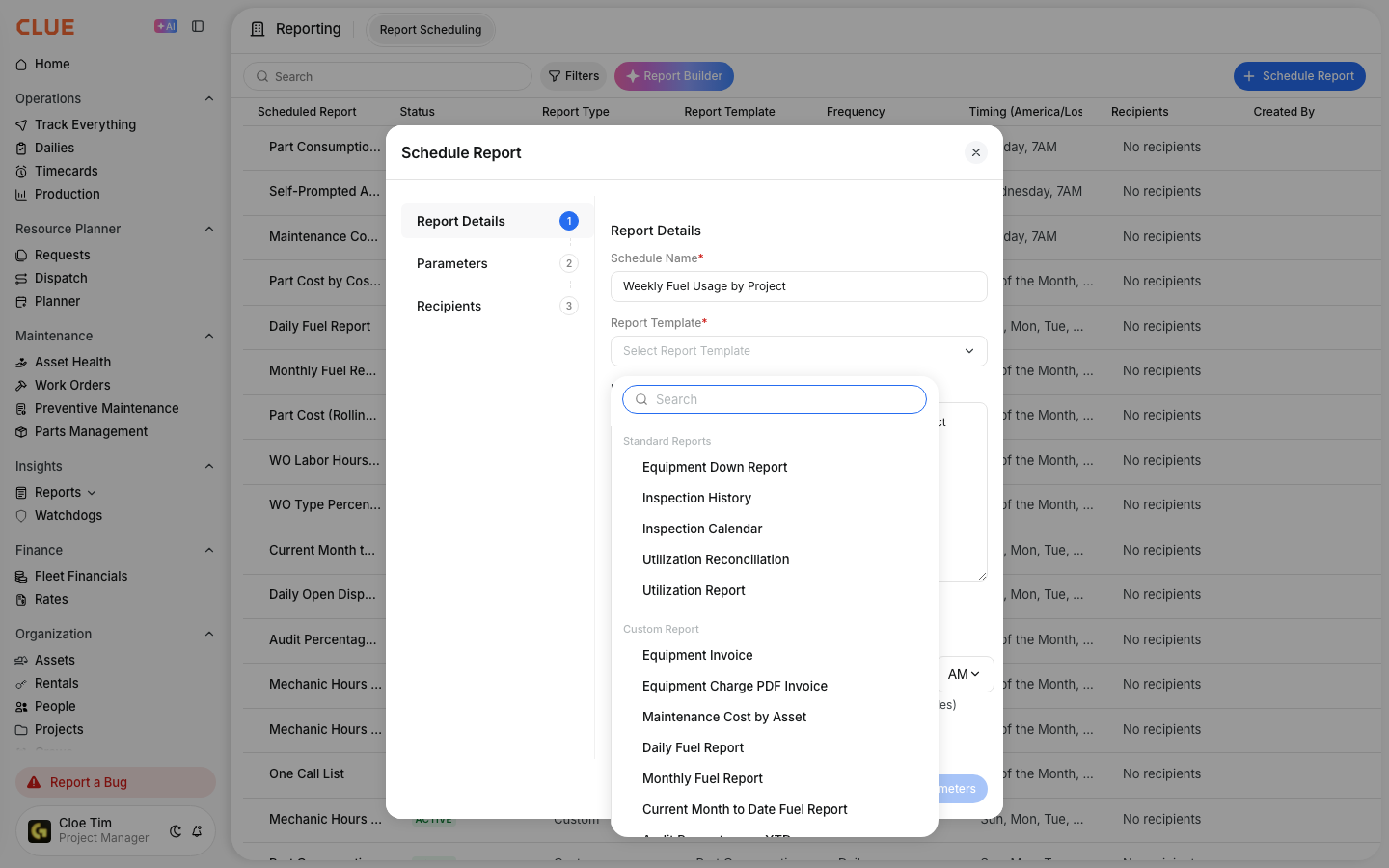 Report template list showing standard reports and saved custom reports such as fuel and maintenance cost reports